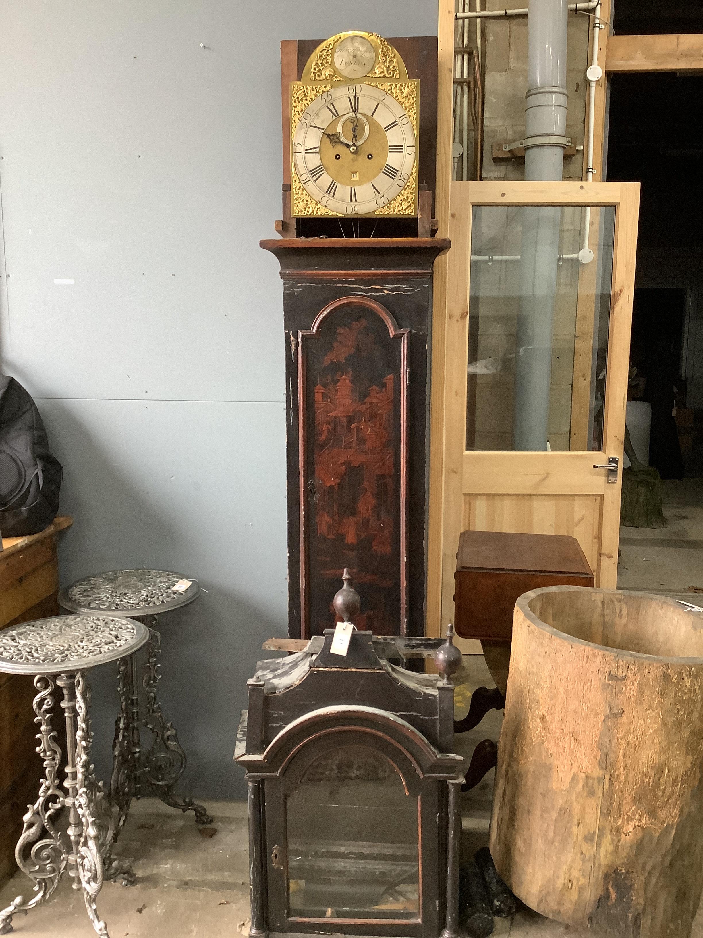 A late 18th / early 19th century chinoiserie lacquer eight day longcase clock, marked Harrington, London, hood in need of restoration, height approx. 240cm
